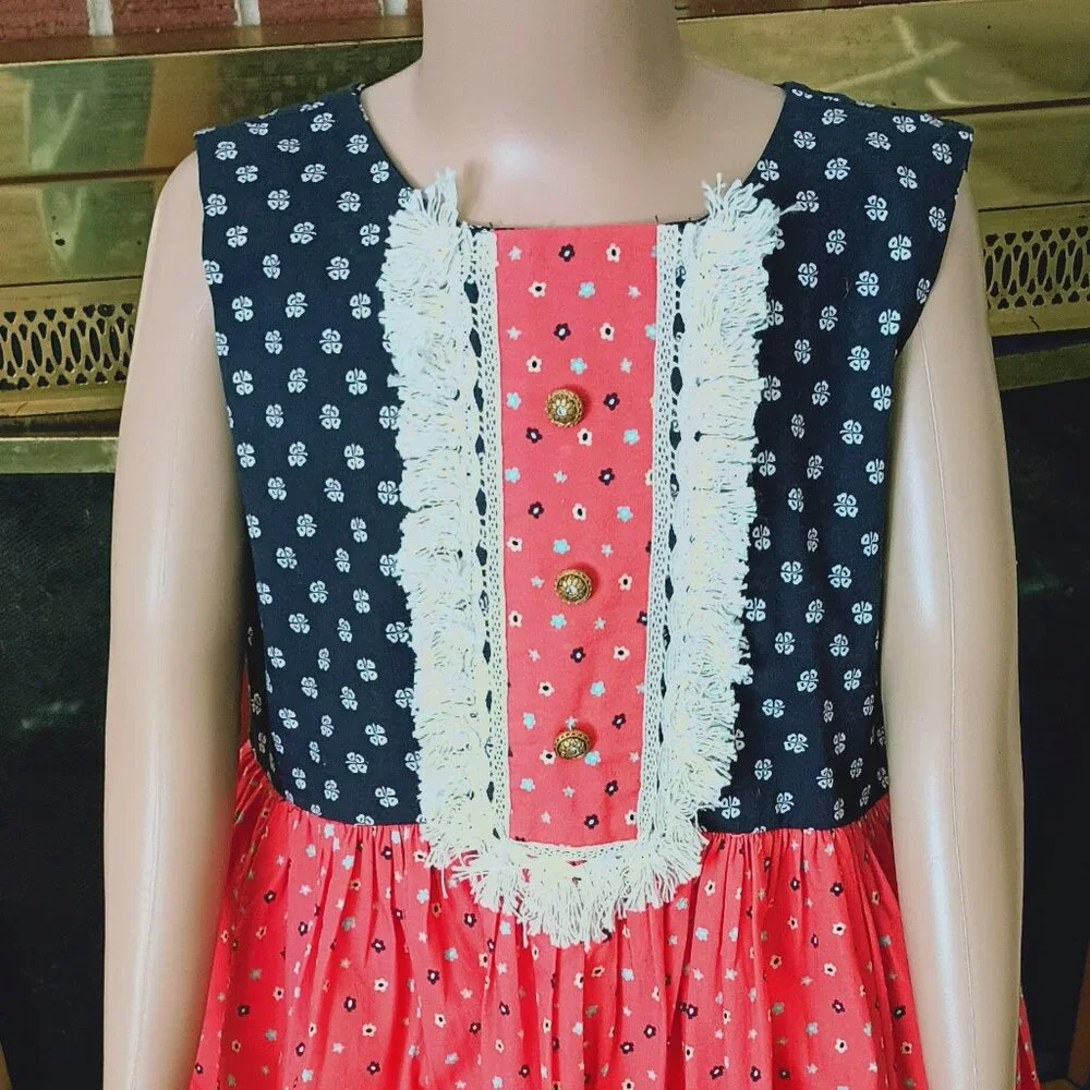 Haute Baby Peasant Floral Dress 7 Blue Orange Short Sleeves Ruffle & Fringe Hem
